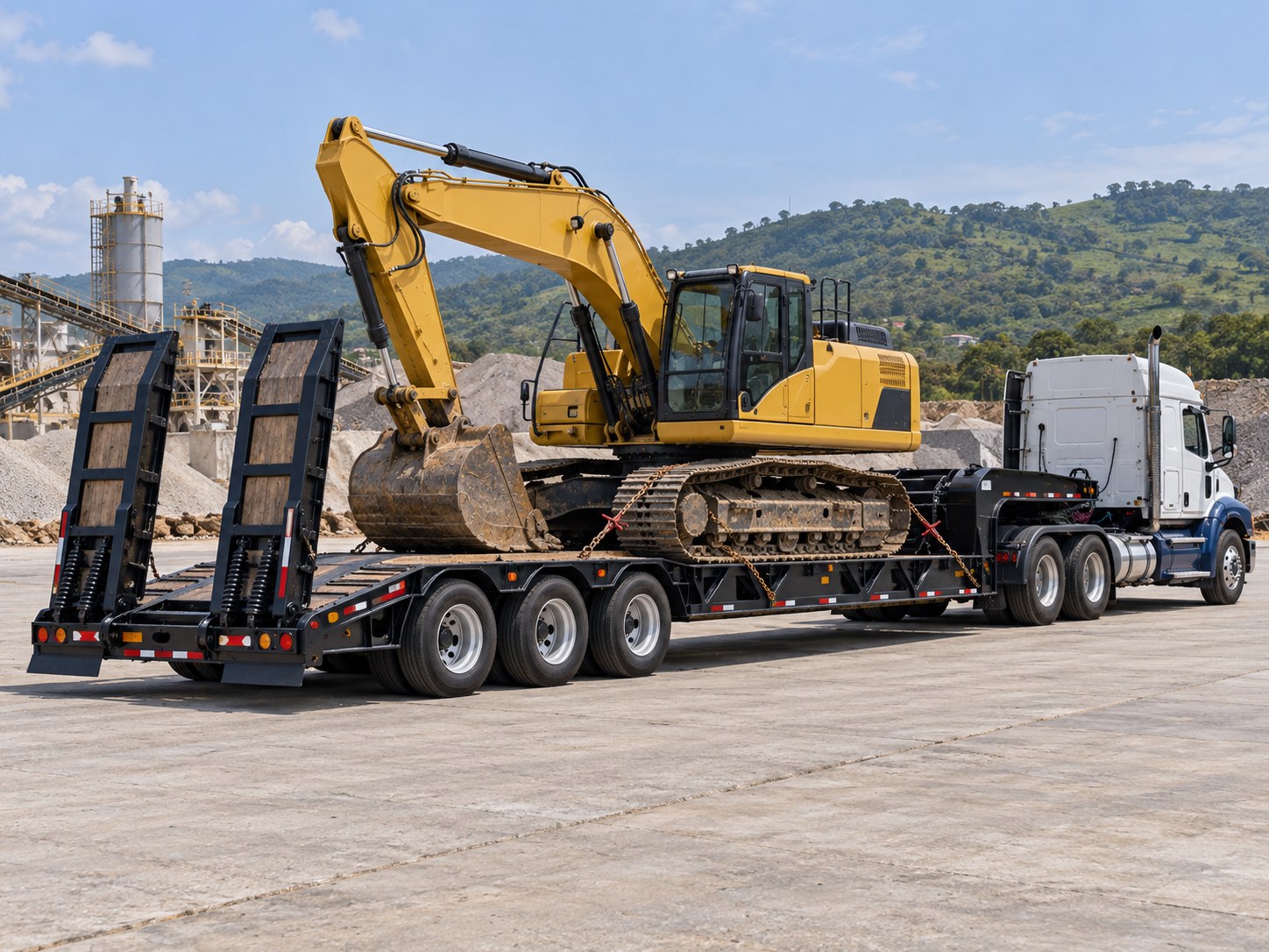 Imagen referencial de un lowboy de tres ejes con rampas abatibles que transporta una excavadora